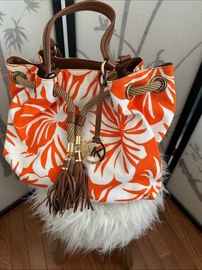 Michael Kors Orange and White Floral Canvas Drawstring Hobo with Brown Trim